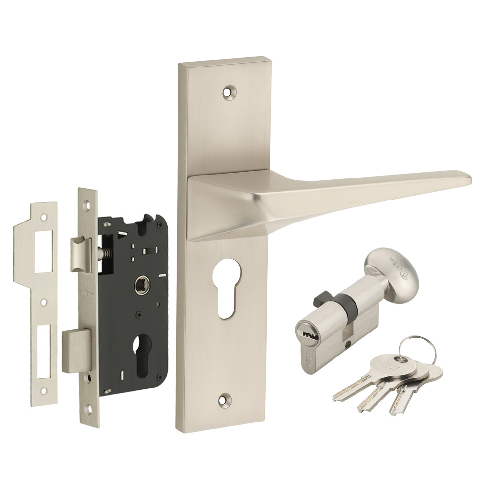 IPSA Smoke Moderna Handle Series on 8" Plate CYS Lockset with 60mm One Side Key and Knob - Matte Satin Nickel Finish MSS